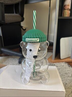 Starbucks Clear Bear Tumbler with Green Ribbed Beanie Lid and Striped Straw